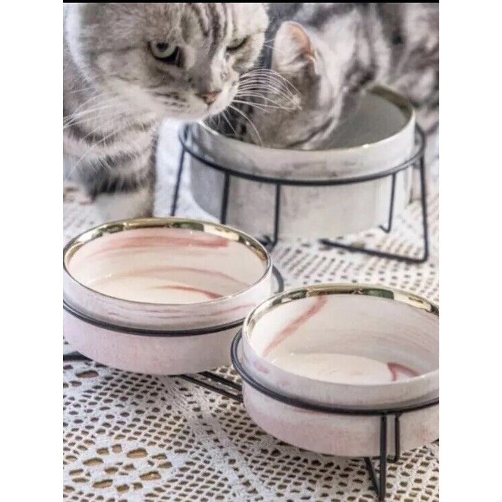 Pink White Marble Swirl Pet Bowl Water Food Dog Set Ceramic - Picture 6 of 7